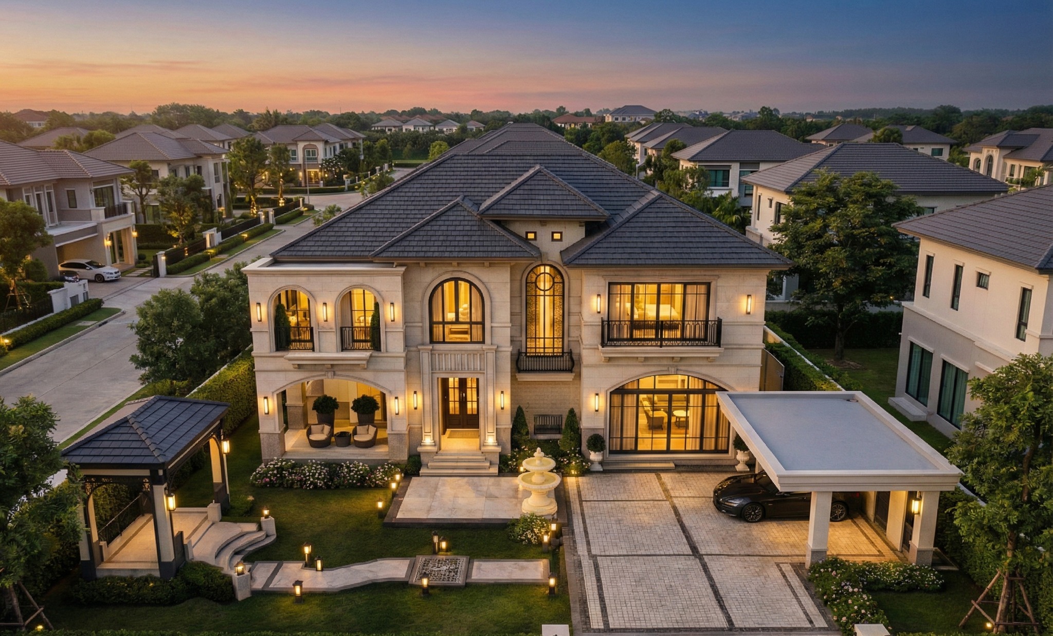 Wide classic modern luxury residence facade with warm evening lighting