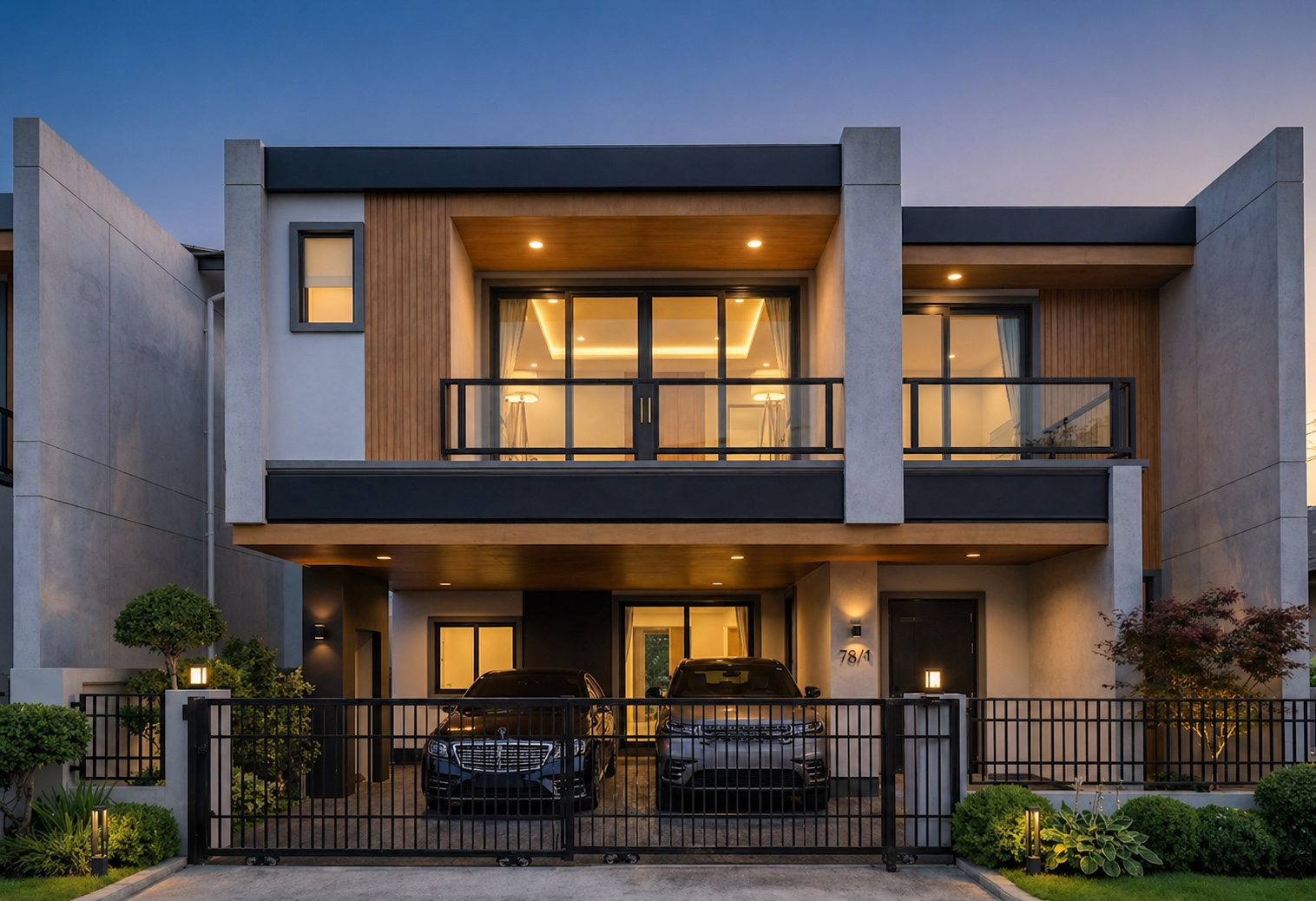 Modern minimal residence exterior at dusk